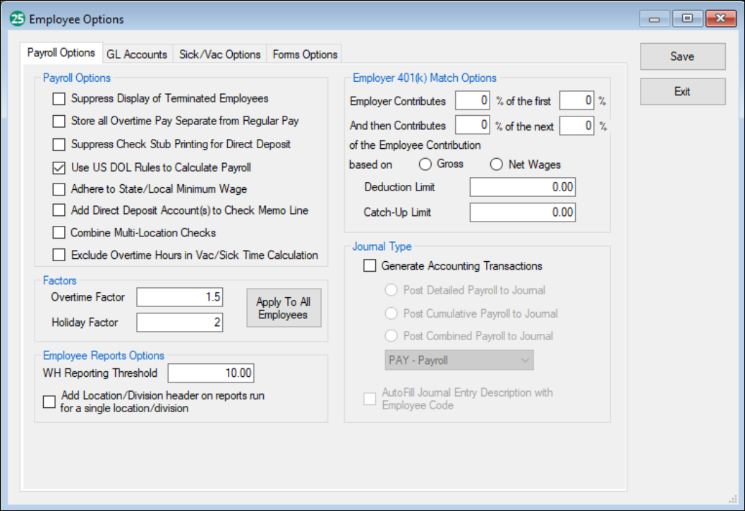 Employee Options screen